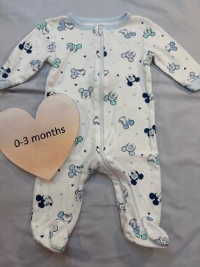 Baby Zip Footed One-Piece in White with Blue & Mint Mickey Print